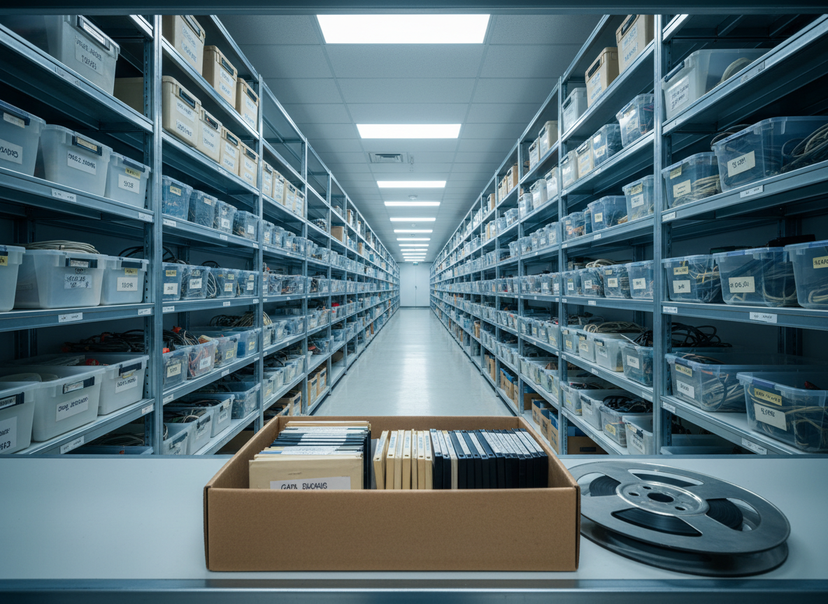 A long corridor of metal shelving in a climate-controlled archive filled with obsolete media: VHS cassettes, floppy disk sleeves, CD-ROM jewel cases and bins of cables receding into the distance.