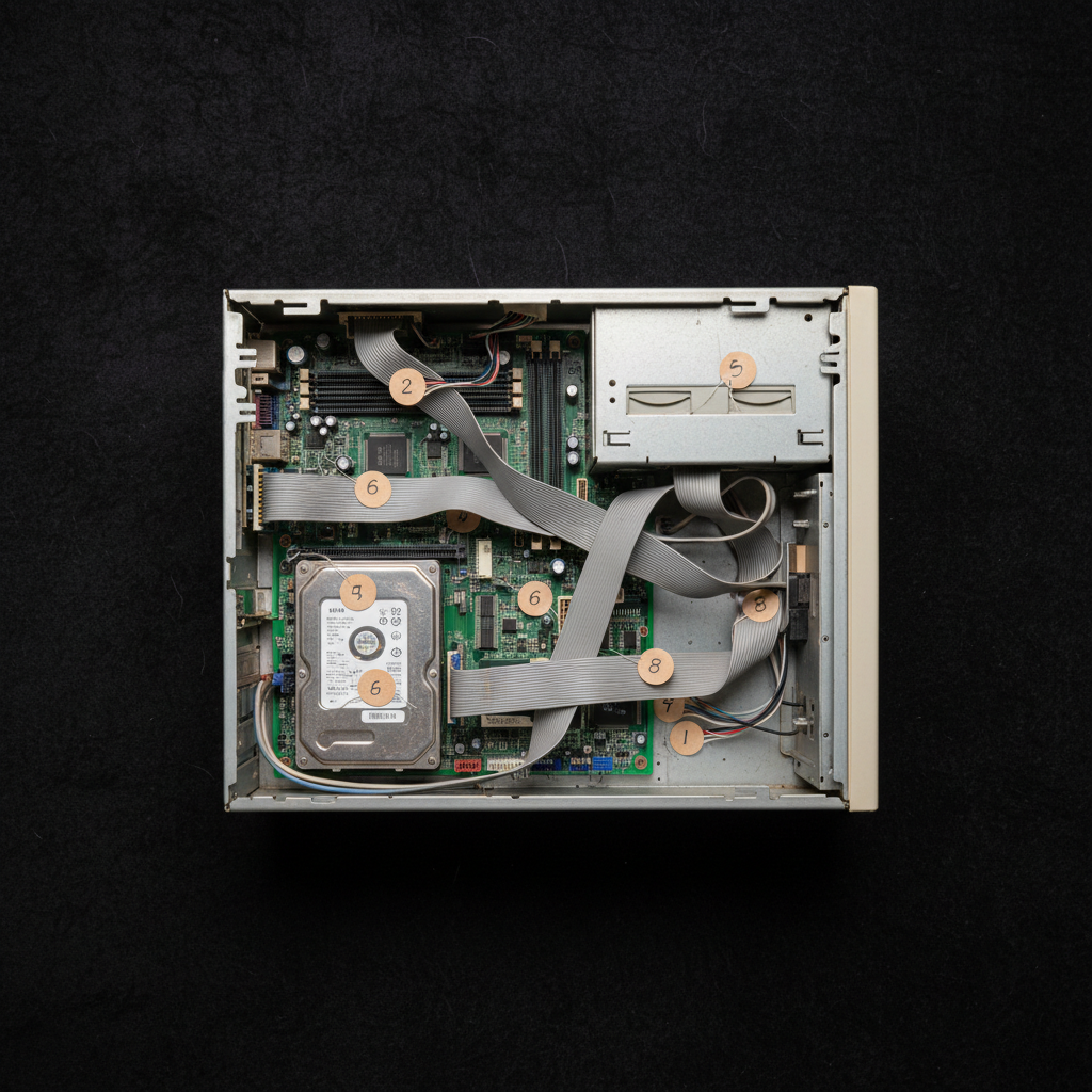 An overhead photographic view of an opened vintage desktop computer case from the early 1990s, exposed green circuit boards, ribbon cables and a chunky hard drive arranged like an archaeological specimen on dark felt.
